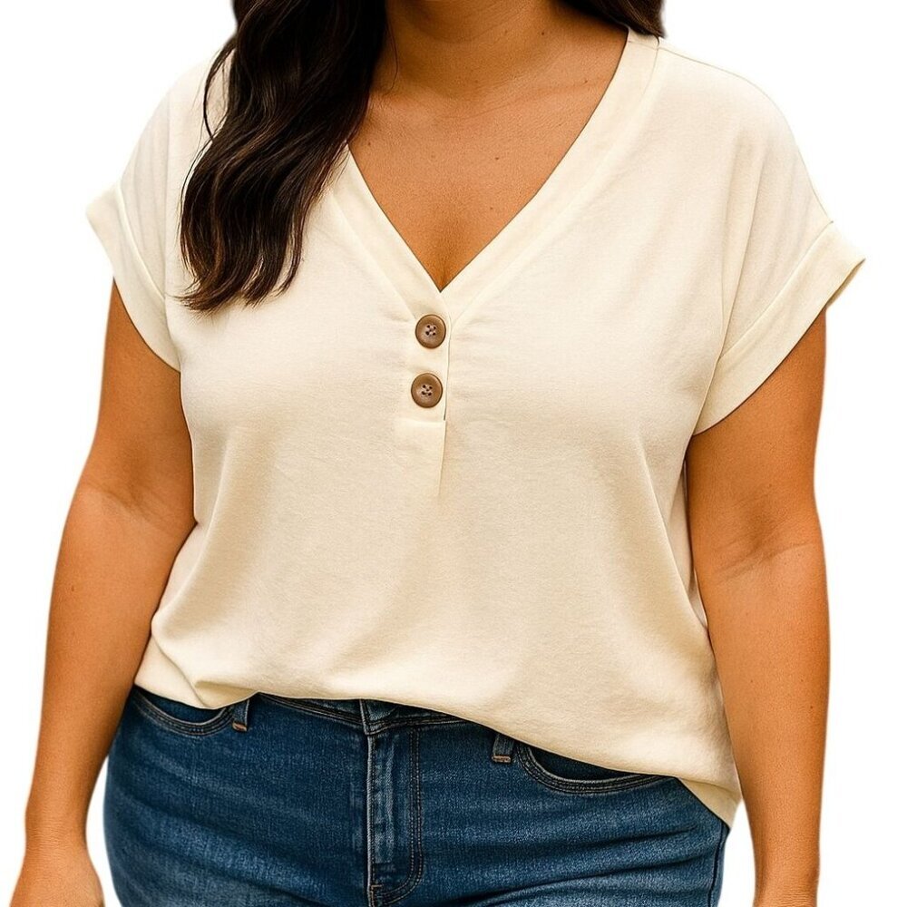 Just Be Cream Short Sleeve Top Women’s L Casual Blouse NWT Plus Style